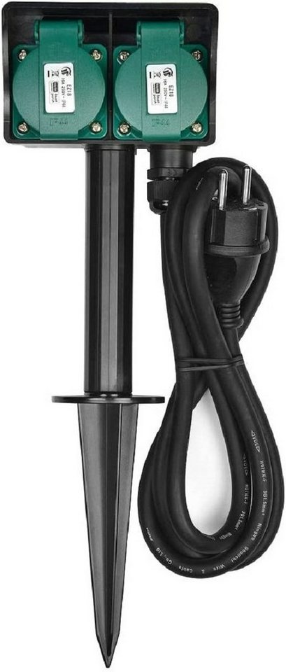 HEITECH Gartensteckdose 2-Wege mit Erdspieß Wasserdicht IP44 Schwarz / Grün von HEITECH