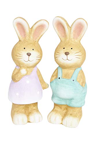 HEITMANN DECO Keramik Hase und Häsin - Dekofiguren Hasen-Paar, Osterhasen - Osterdeko, Frühling - 2er Set, groß - Braun, Grün, Lila von HEITMANN DECO