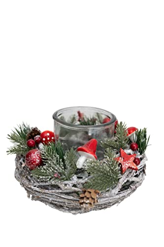 HEITMANN DECO - Rattan-Kranz mit Teelichthalter aus Glas - weiß/grün/rot - ca. 24 x 24 cm - Adventszeit von HEITMANN DECO