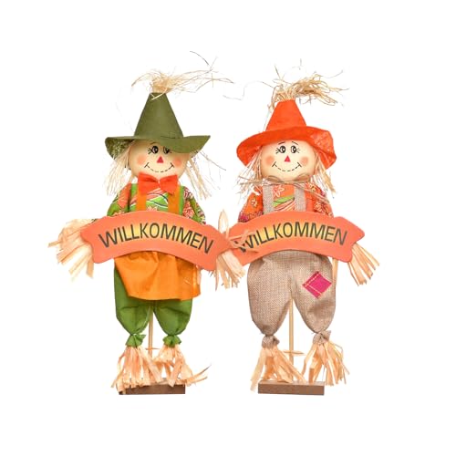 HEITMANN DECO Vogelscheuche mit Willkomennsschild - 2er Set - Deko-Aufsteller - Natur - zum Hinstellen - orange, grün, 23 x 7 x 40 cm von HEITMANN DECO