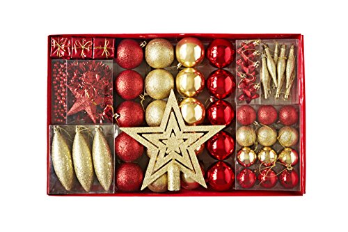 HEITMANN DECO Weihnachtsbaum-Schmuck - Gold/rot - 60-teilig - Set inkl. Baumspitze, Kugeln, Perlkette, Girlande und Sterne - Kunststoff von HEITMANN DECO
