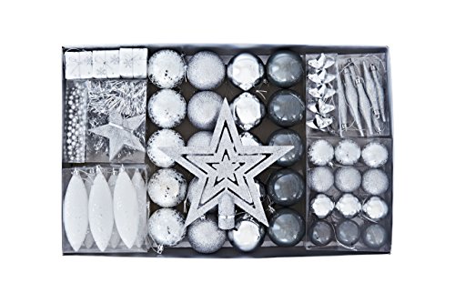 HEITMANN DECO Weihnachtsbaum-Schmuck - Silber - 60-teilig - Set inkl. Baumspitze, Kugeln, Perlkette, Girlande und Sterne - Kunststoff von HEITMANN DECO