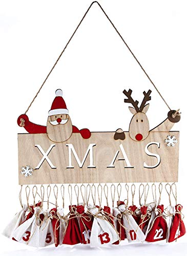 Heitmann Deco XMAS Adventskalender mit 24 Säckchen - XMAS-Schild mit Weihnachtsmann und Rentier zum Aufhängen von HEITMANN DECO