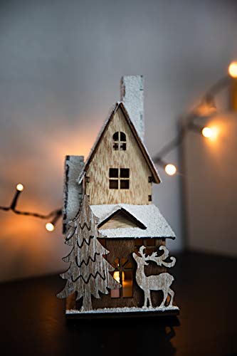 HEITMANN DECO dekoratives Holzhaus mit LED-Beleuchtung - naturbelassenes Holz mit beschneitem Dach - Weihnachtsdeko von HEITMANN DECO