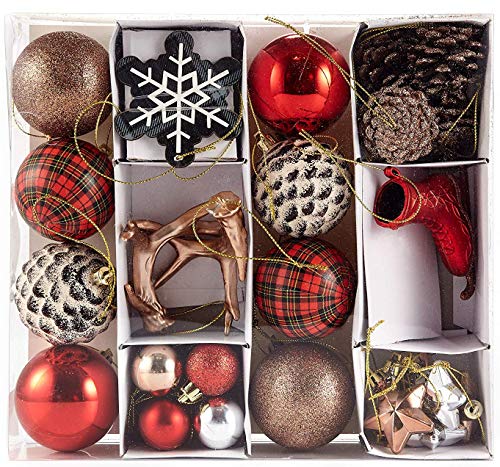 Heitmann Deco 31er Set Christbaumkugeln Sortiment - Weihnachtsschmuck zum Aufhängen - Kunststoff Christbaumschmuck rot Natur Silber von HEITMANN DECO