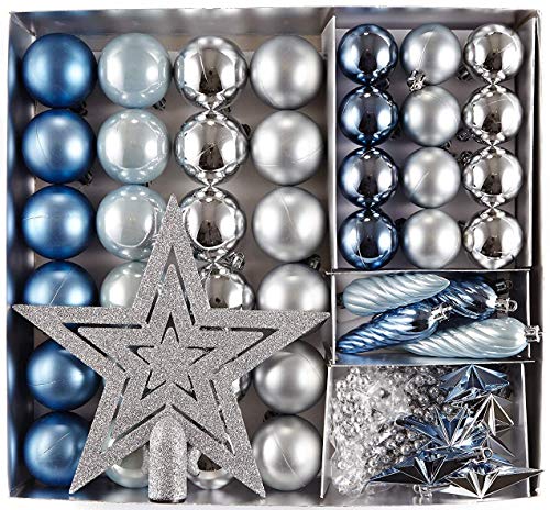 Heitmann Deco 50er Set Christbaumschmuck Sortiment mit Spitze - Kunststoff Weihnachtsschmuck blau Silber zum Aufhängen von HEITMANN DECO