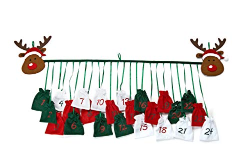 Heitmann Deco Adventskalender - Adventskalender-Stab zum Aufhängen - selbst Befüllen - Beutel - Rentier - Grün/Weiß/Rot von HEITMANN DECO