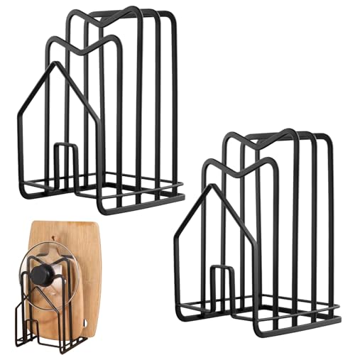 HEIYUET 2 Stück Schwarz Schneidebrett Halter Metall, 12x14,5x21,5cm Schneidebrett Halterung, Schneidebrett Ständer Organizer, Schneidebrett Rack, Topfdeckelhalter Küche Brettchenhalter von HEIYUET