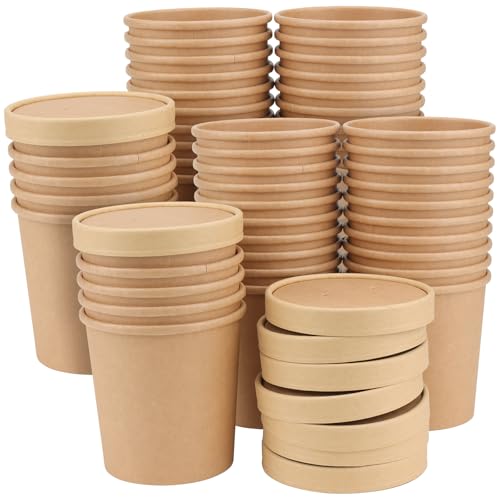 HEIYUET 50 Stück Einweg Suppenbecher Pappe mit Deckel 460ml, Braun Suppenbecher to Go Pappe mit Deckel, Einweg Eisbecher Pappe Speisebecher, Mikrowelle und Gefriersicher HEIYUET 50 Stück Einweg Suppenbecher Pappe mit Deckel 460ml, Braun Suppenbecher to Go Pappe mit Deckel, Einweg Eisbecher Pappe Speisebecher, Mikrowelle und Gefriersicher von HEIYUET