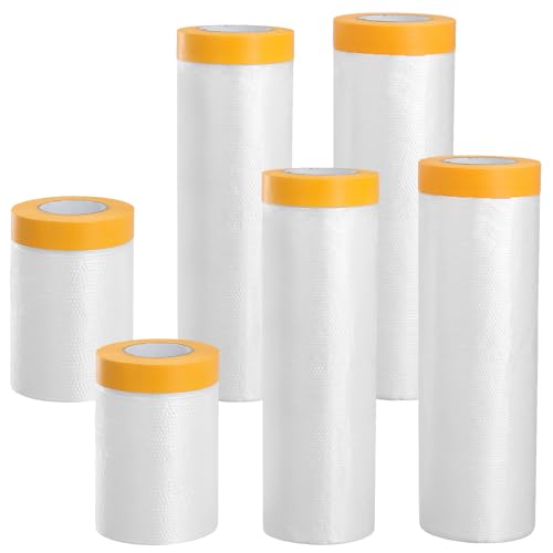 HEIYUET 6er Set Abdeckfolie mit Klebeband, 55cm 150cm 240cm Abdeckfolie Maler Abklebeband mit Folie, Selbstklebende Malerfolie Transparent, Goldband Malerband, 3 Größen von HEIYUET