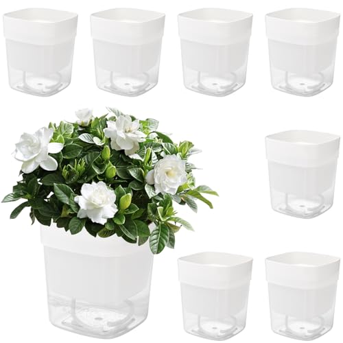 HEIYUET 8 Stück 12cm Weiß Selbstbewässerungstopf Klein, Blumentopf Selbstbewässernd Eckig, Selbstbewässernder Kräutertopf mit Bewässerungssystem, Selbstbewässernder Pflanztopf für Küchenkräuter von HEIYUET