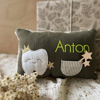Zahnfee Kissen Für Milchzahn Geschenk | Musselin Khaki Mit Tasche Münzen Aus Leinenstoff Gestreift Wackelzahn Einschulung von HEJMARYetsy