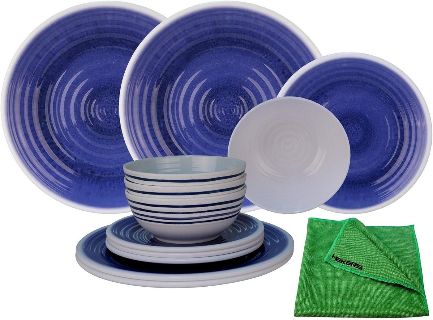 HEKERS Geschirr-Set 100% Melamin Geschirr Azure blau/weiß Steinzeug-Look + Mikrofasertuch, 12 teilig - 4 Personen + Mikrofasertuch, Geschirr-Set, Tafelgeschirr, Campinggeschirr, Spülmaschinenfest von HEKERS