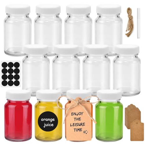 HEKOBAG 12 Stück Shot Flaschen zum Befüllen Glas Mini Shot Glasflaschen mit Deckel Saftflaschen Glas Ingwer Shot Fläschchen 60ml Leere Smoothie Flasche mit Etiketten Stift Tag für Schnaps Saft von HEKOBAG