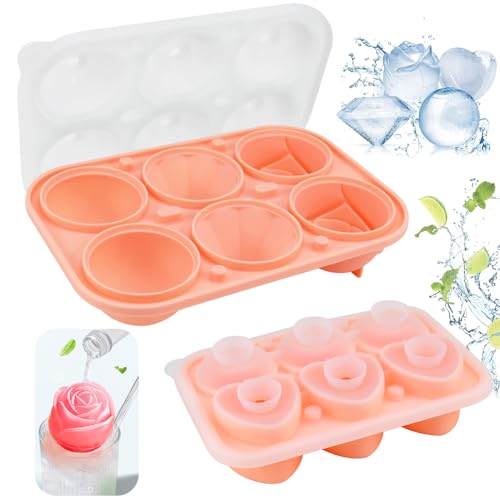 HEKOBAG 2 Stk Eiswürfelform Silikon Rose Eiswürfelbereiter Rund Silikonform Eiswürfel Groß Eiswürfelbehälter mit Deckel Eiswürfel Form Diamant Eiswürfelschale 6 Gitter Eiswürfelmacher für Whiskey von HEKOBAG
