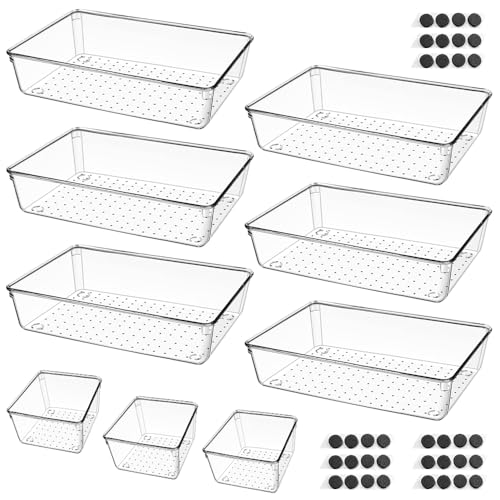 HEKOBAG Schubladen Ordnungssystem, 9 Stücke Schubladen Aufbewahrungsbox mit 2 Größen Transparenten Schminktisch Aufbewahrungsboxen Kunststoff Organizer für Schubladen (22.5 * 15 * 5cm/7 * 7 * 5cm) von HEKOBAG