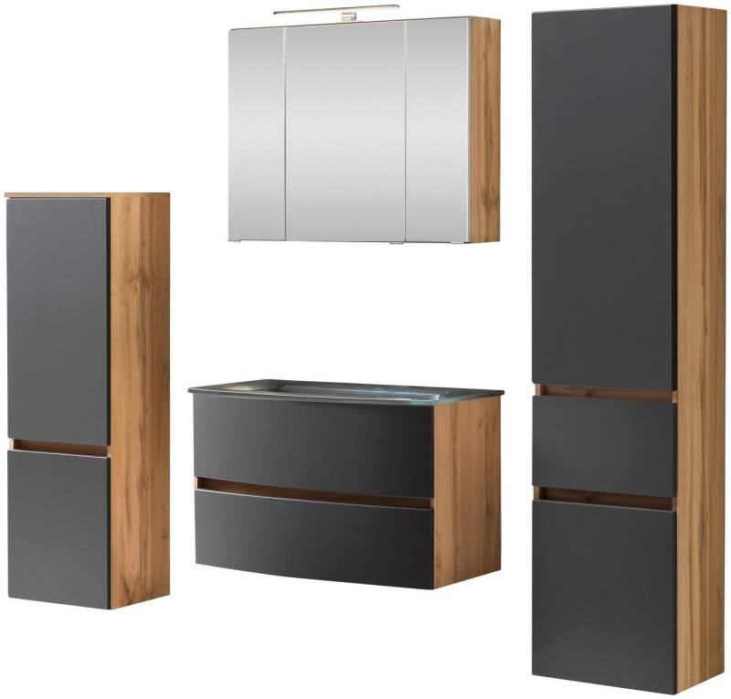 welltime Badezimmer-Set Kaunas, (Set, 4-St), Waschtisch-Set (Breite 80 cm) mit Midischrank und Seitenschrank von welltime