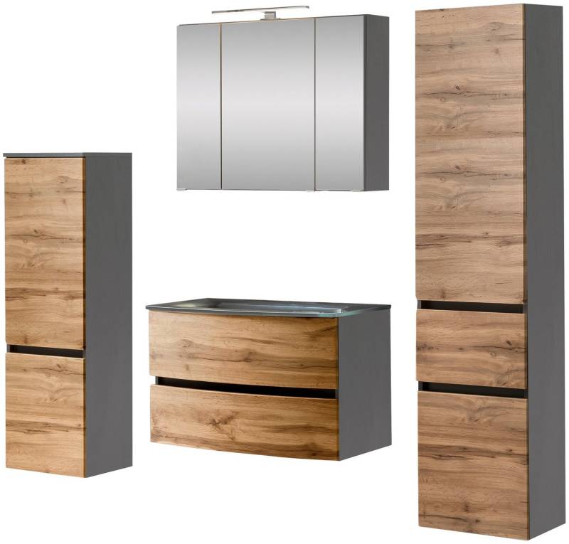 welltime Badezimmer-Set Kaunas, (Set, 4-St), Waschtisch-Set (Breite 80 cm) mit Midischrank und Seitenschrank von welltime
