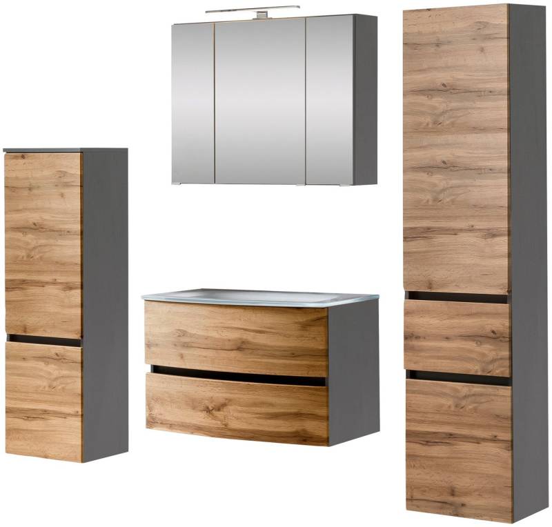 welltime Badezimmer-Set Kaunas, (Set, 4-St), Waschtisch-Set mit Midischrank und Seitenschrank, Breite 160 cm von welltime