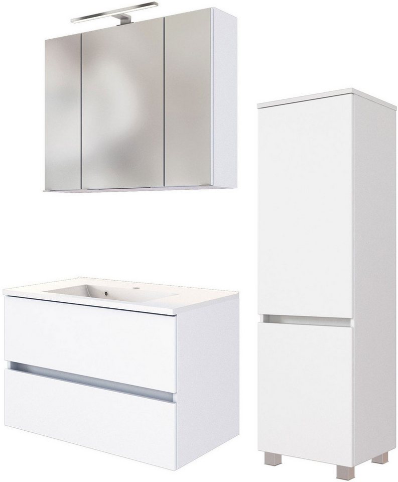 welltime Badmöbel-Set Welltime Möbel Baabe Waschtisch-Set 3tlg. oder 5tlg., (3-St), gedämpfte Scharniere und Softclose-Funktion, inklusive LED-Beleuchtung von welltime