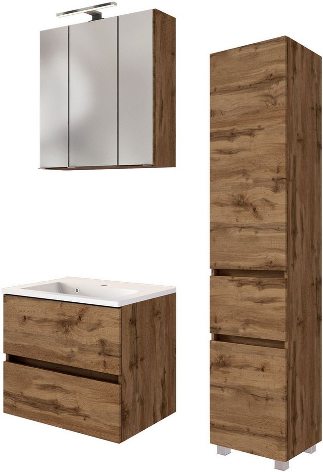 welltime Badmöbel-Set Welltime Möbel Baabe Waschtisch-Set 3tlg. oder 5tlg., (3-St), gedämpfte Scharniere und Softclose-Funktion, inklusive LED-Beleuchtung von welltime