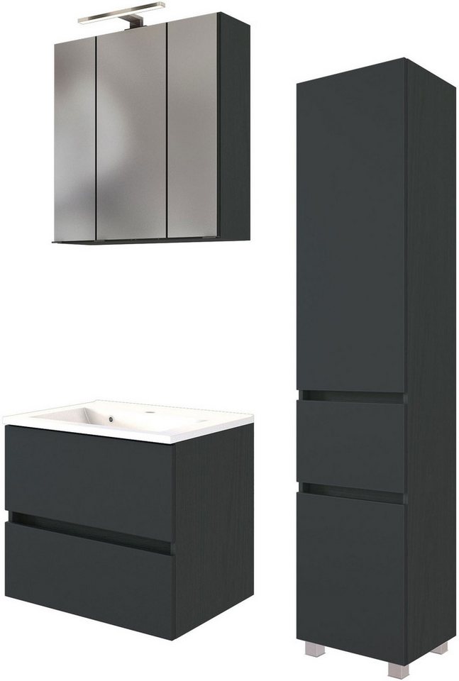 welltime Badmöbel-Set Welltime Möbel Baabe Waschtisch-Set 3tlg. oder 5tlg., (3-St), gedämpfte Scharniere und Softclose-Funktion, inklusive LED-Beleuchtung von welltime