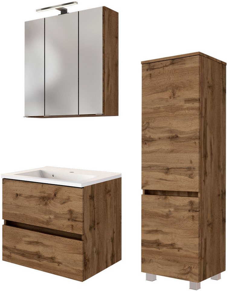 welltime Badmöbel-Set Welltime Möbel Baabe Waschtisch-Set 3tlg. oder 5tlg., (3-St), gedämpfte Scharniere und Softclose-Funktion, inklusive LED-Beleuchtung von welltime