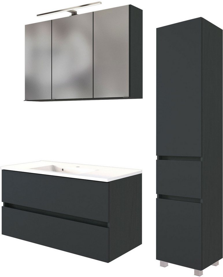 welltime Badmöbel-Set Welltime Möbel Baabe Waschtisch-Set 3tlg. oder 5tlg., (3-St), gedämpfte Scharniere und Softclose-Funktion, inklusive LED-Beleuchtung von welltime