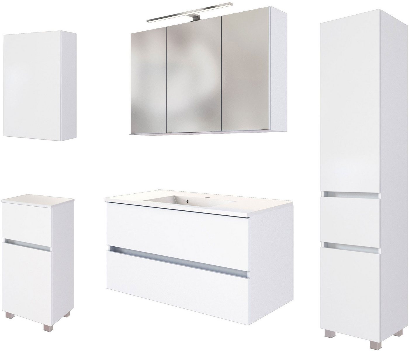 welltime Badmöbel-Set Welltime Möbel Baabe Waschtisch-Set 3tlg. oder 5tlg., (5-St), gedämpfte Scharniere und Softclose-Funktion, inklusive LED-Beleuchtung von welltime