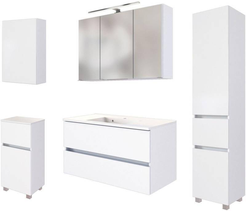 welltime Badmöbel-Set Welltime Möbel Baabe Waschtisch-Set 3tlg. oder 5tlg., (5-St), gedämpfte Scharniere und Softclose-Funktion, inklusive LED-Beleuchtung von welltime