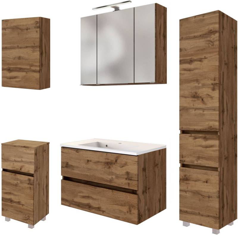 welltime Badmöbel-Set Welltime Möbel Baabe Waschtisch-Set 3tlg. oder 5tlg., (5-St), gedämpfte Scharniere und Softclose-Funktion, inklusive LED-Beleuchtung von welltime