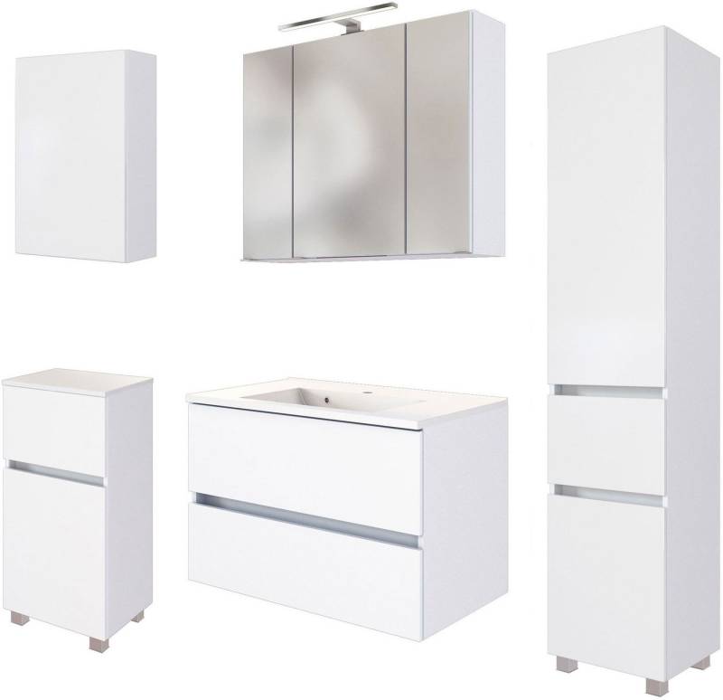 welltime Badmöbel-Set Welltime Möbel Baabe Waschtisch-Set 3tlg. oder 5tlg., (5-St), gedämpfte Scharniere und Softclose-Funktion, inklusive LED-Beleuchtung von welltime
