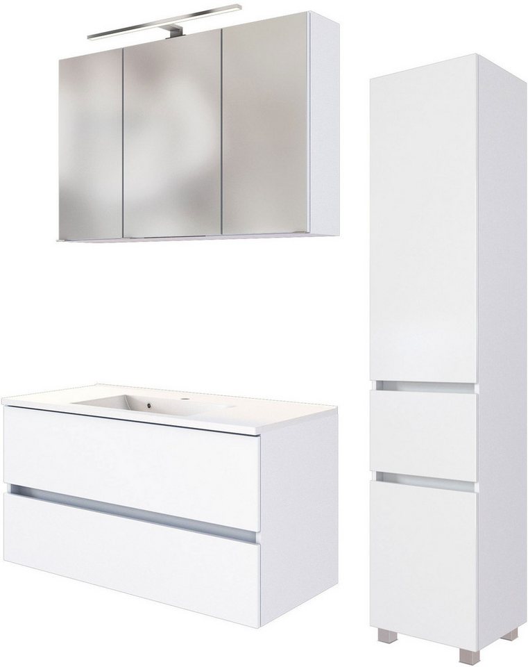 welltime Badmöbel-Set Welltime Möbel Baabe Waschtisch-Set 3tlg. oder 5tlg., (3-St), gedämpfte Scharniere und Softclose-Funktion, inklusive LED-Beleuchtung von welltime