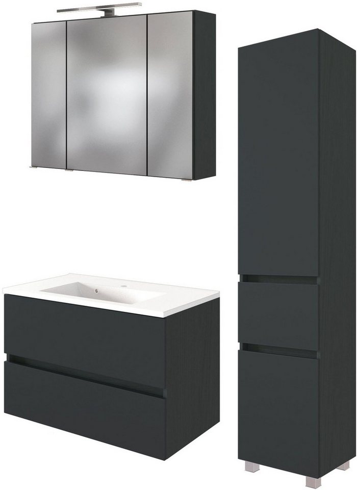 welltime Badmöbel-Set Welltime Möbel Baabe Waschtisch-Set 3tlg. oder 5tlg., (3-St), gedämpfte Scharniere und Softclose-Funktion, inklusive LED-Beleuchtung von welltime