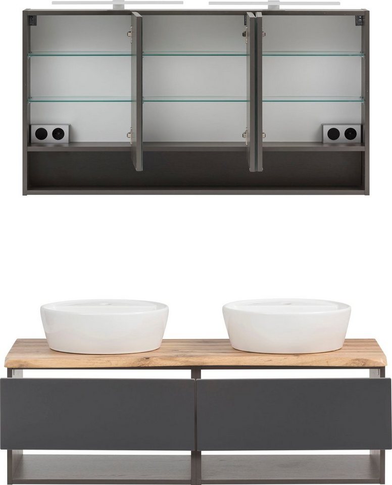 welltime Badmöbel-Set Stubach, (2-St., Spiegelschrank und Waschtisch), Abdeckplatte mit Baumkante von welltime