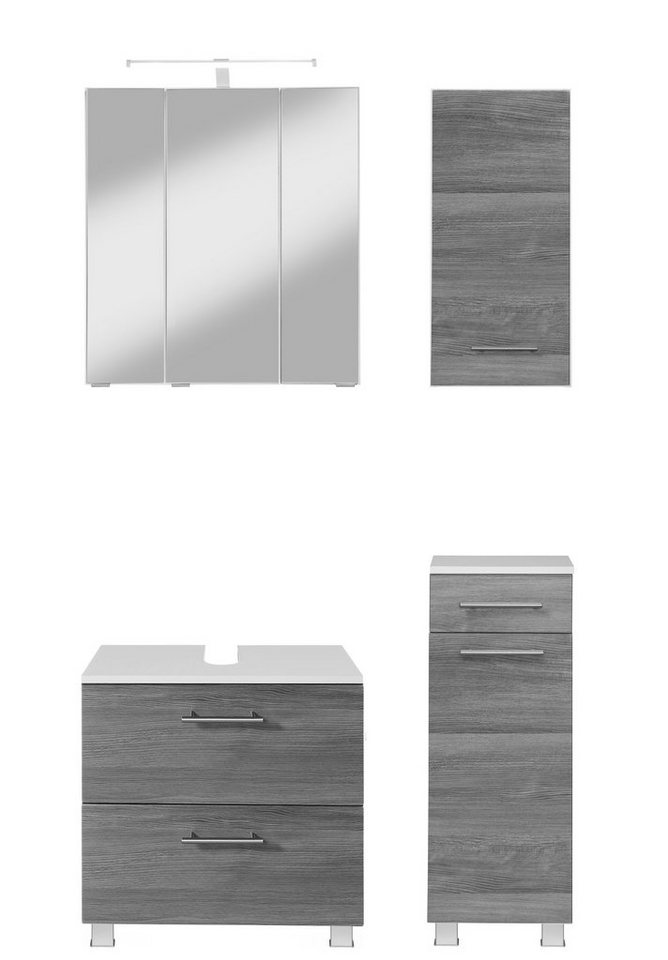 HELD MÖBEL Badmöbel-Set Trento, Badezimmer-Set, Waschbeckenunterschrank, Hängeschrank, (4-St), Unterschrank, Waschbeckenunterschrank, Spiegelschrank, Aufbauleuchte von HELD MÖBEL