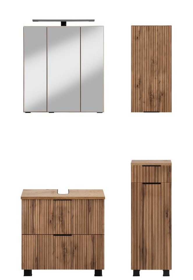 HELD MÖBEL Badmöbel-Set Trento, Badezimmer-Set, Waschbeckenunterschrank, Hängeschrank, (4-St), Unterschrank, Waschbeckenunterschrank, Spiegelschrank, Aufbauleuchte von HELD MÖBEL