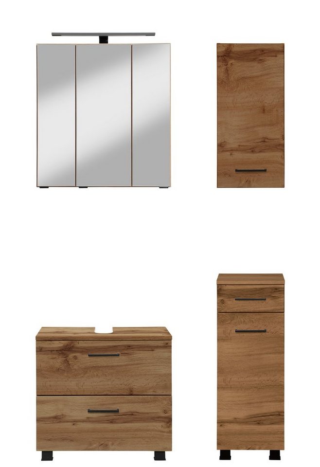 HELD MÖBEL Badmöbel-Set Trento, Badezimmer-Set, Waschbeckenunterschrank, Hängeschrank, (4-St), Unterschrank, Waschbeckenunterschrank, Spiegelschrank, Aufbauleuchte von HELD MÖBEL