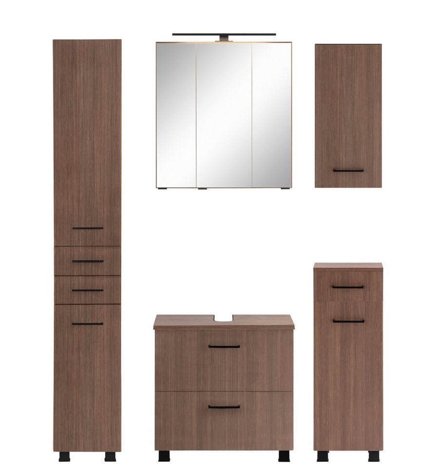 HELD MÖBEL Badmöbel-Set Trento", Badezimmer-Set, Hängeschrank, Unterschrank, Hochschrank, (5-St), Waschbeckenunterschrank, Spiegelschrank inkl. Aufbauleuchte" von HELD MÖBEL