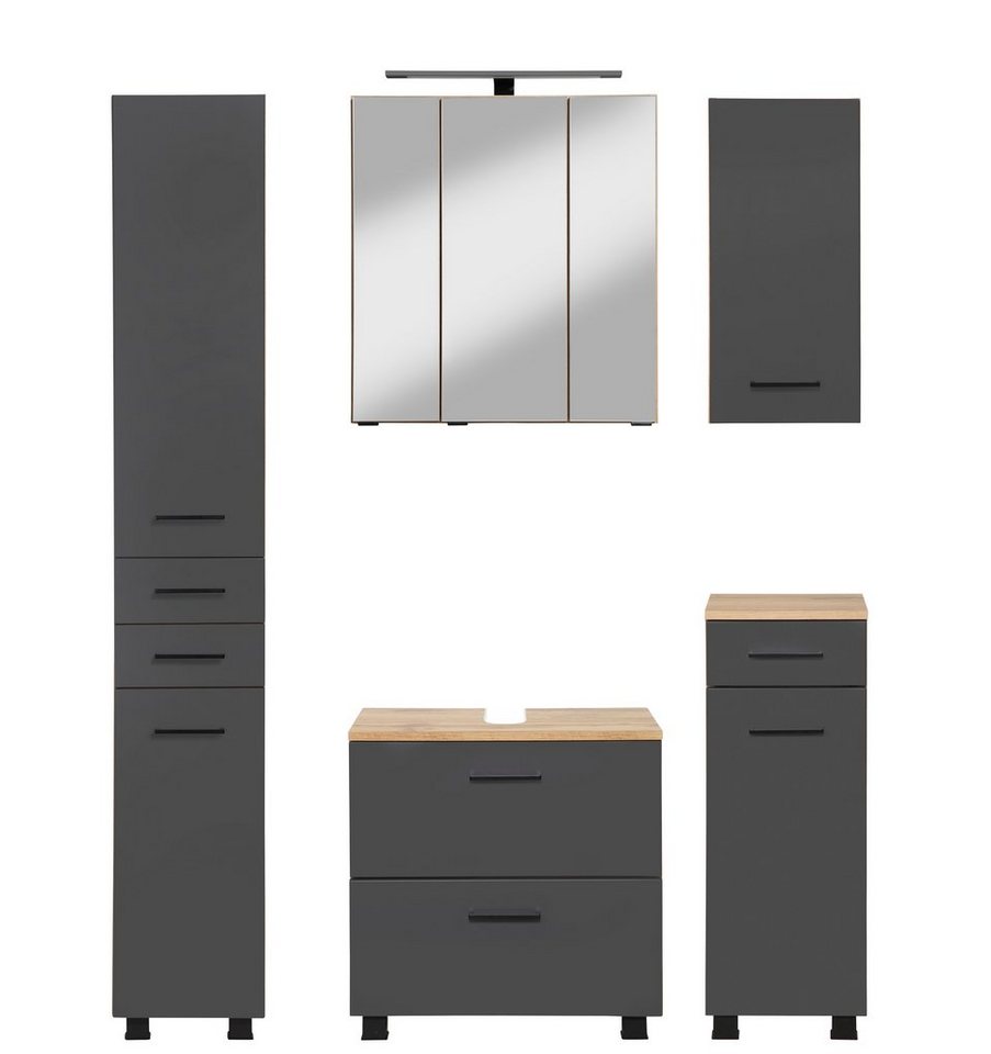 HELD MÖBEL Badmöbel-Set Trento", Badezimmer-Set, Hängeschrank, Unterschrank, Hochschrank, (5-St), Waschbeckenunterschrank, Spiegelschrank inkl. Aufbauleuchte" von HELD MÖBEL