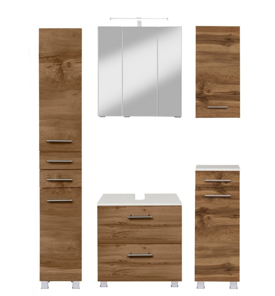 HELD MÖBEL Badmöbel-Set Trento", Badezimmer-Set, Hängeschrank, Unterschrank, Hochschrank, (5-St), Waschbeckenunterschrank, Spiegelschrank inkl. Aufbauleuchte" von HELD MÖBEL