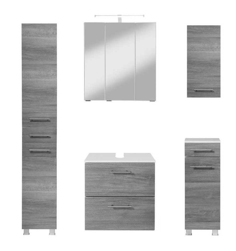 HELD MÖBEL Badmöbel-Set Trento", Badezimmer-Set, Hängeschrank, Unterschrank, Hochschrank, (5-St), Waschbeckenunterschrank, Spiegelschrank inkl. Aufbauleuchte" von HELD MÖBEL