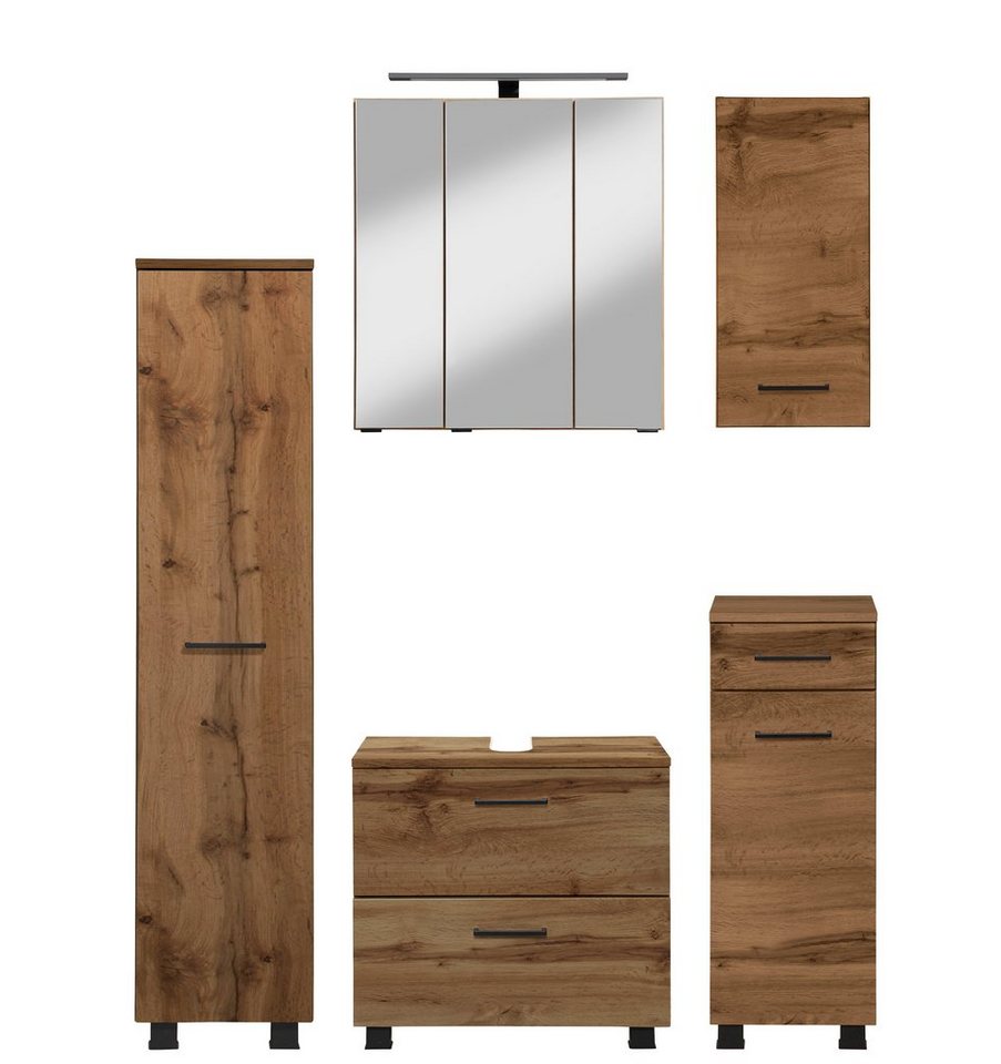 HELD MÖBEL Badmöbel-Set Trento", Badezimmer-Set, Hängeschrank, Unterschrank, Midischrank, (5-St), Waschbeckenunterschrank, Spiegelschrank inkl. Aufbauleuchte" von HELD MÖBEL