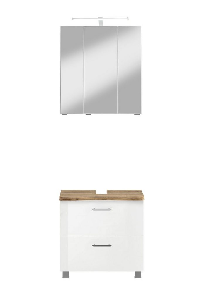 welltime Badmöbel-Set "Trento", Badezimmer-Set, Waschbeckenunterschrank, Spiegelschrank, (2-St), inkl. LED Aufbauleuchtung Schalter/Steckdose, Möbel Made in Germany von welltime