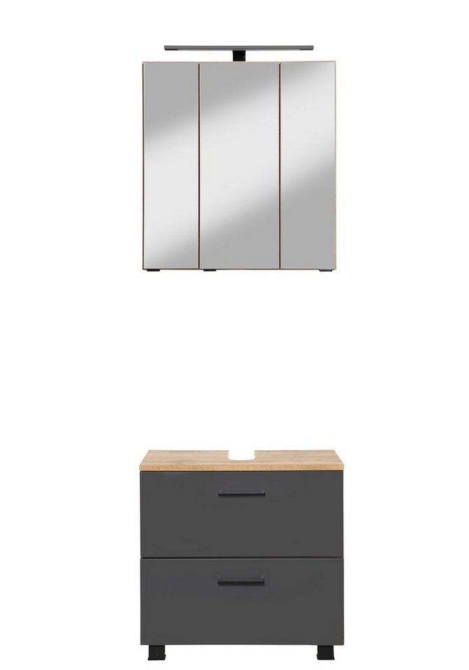 welltime Badmöbel-Set "Trento", Badezimmer-Set, Waschbeckenunterschrank, Spiegelschrank, (2-St), inkl. LED Aufbauleuchtung Schalter/Steckdose, Möbel Made in Germany von welltime