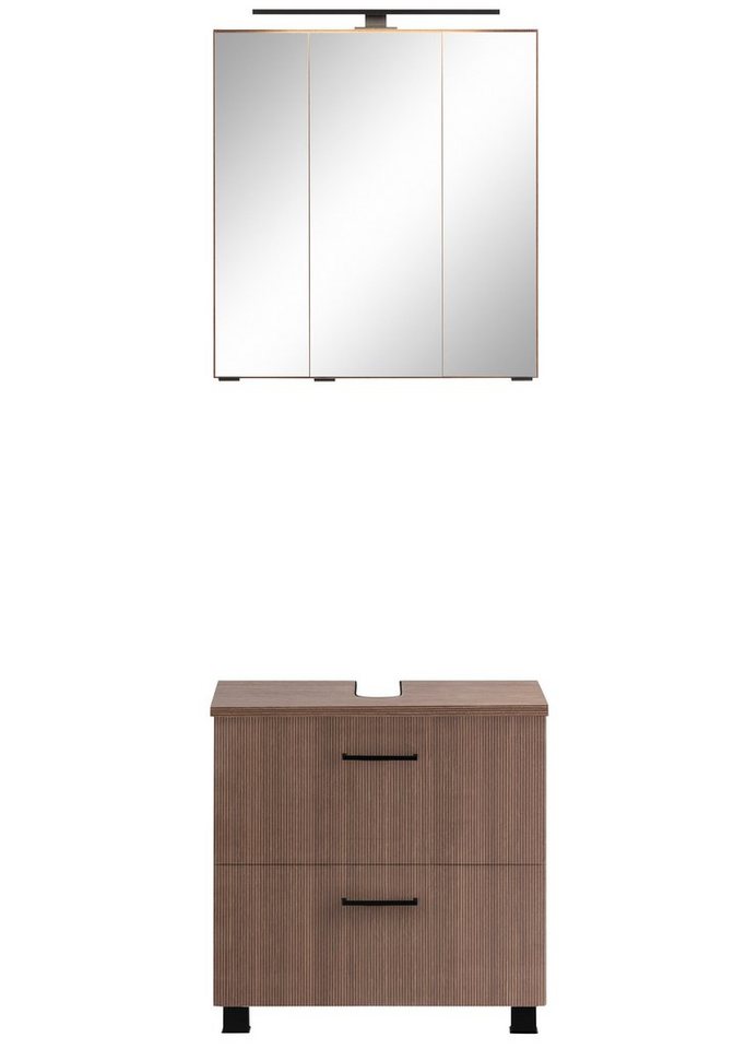 welltime Badmöbel-Set "Trento", Badezimmer-Set, Waschbeckenunterschrank, Spiegelschrank, (2-St), inkl. LED Aufbauleuchtung Schalter/Steckdose, Möbel Made in Germany von welltime