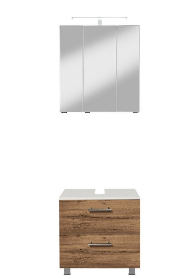 welltime Badmöbel-Set "Trento", Badezimmer-Set, Waschbeckenunterschrank, Spiegelschrank, (2-St), inkl. LED Aufbauleuchtung Schalter/Steckdose, Möbel Made in Germany von welltime