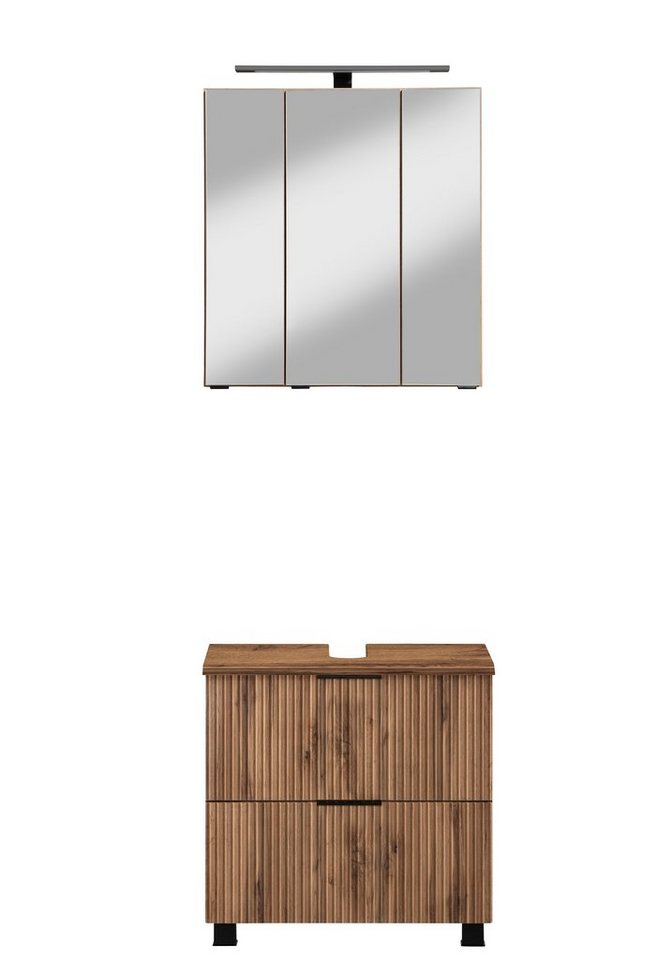 welltime Badmöbel-Set "Trento", Badezimmer-Set, Waschbeckenunterschrank, Spiegelschrank, (2-St), inkl. LED Aufbauleuchtung Schalter/Steckdose, Möbel Made in Germany von welltime