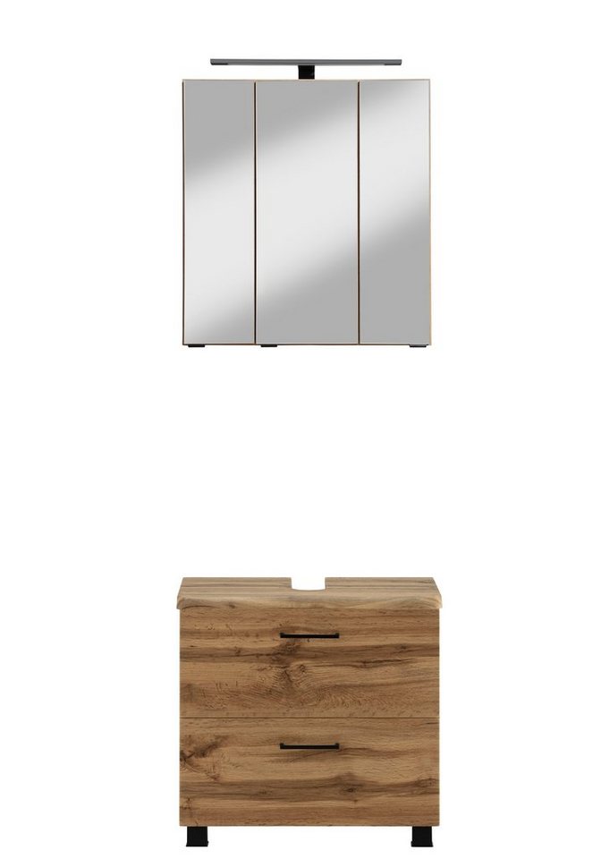 welltime Badmöbel-Set "Trento", Badezimmer-Set, Waschbeckenunterschrank, Spiegelschrank, (2-St), inkl. LED Aufbauleuchtung Schalter/Steckdose, Möbel Made in Germany von welltime