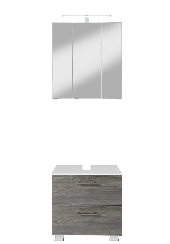 welltime Badmöbel-Set "Trento", Badezimmer-Set, Waschbeckenunterschrank, Spiegelschrank, (2-St), inkl. LED Aufbauleuchtung Schalter/Steckdose, Möbel Made in Germany von welltime
